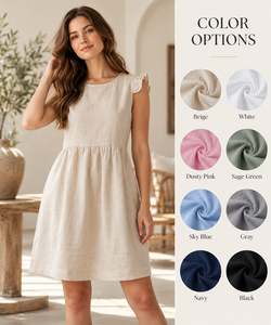 Vestido Mini de Lino y Algodón Tejido Sencillo para Mujer, con Manga con Volantes, Estilo Casual para Vacaciones de Verano, Fabricante Mayorista OEM ODM - Product Image 4