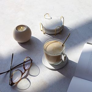 Glamorous White Marble Drink Coaster Set with Electroplated Gold Rack Modern Luxe <b>Table</b> <b>Protectors</b> for Home Barware - Product Image 4