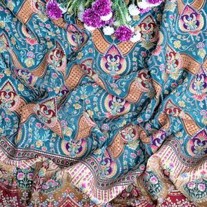 Peacock <b>Teal</b> Floral Lightweight Crepe Embroidery Fabric 54 Inch Designer Daman Border Yardage Kurti Anarkali Gown Salwar <b>Suit</b> - Product Image 5