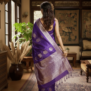 Pure Satin Handloom Weaving <b>Purple</b> <b>Saree</b> With Gold Zari Border | Traditional Wedding Party Wear Designer Ethnic <b>Saree</b> For Women - Product Image 4