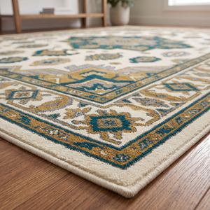 Tapis en laine DECORDEC Teal Gold Ivory Medallion, antidérapant, moderne, géométrique, floral, décoratif, bordure décorative pour un intérieur luxueux - Product Image 6