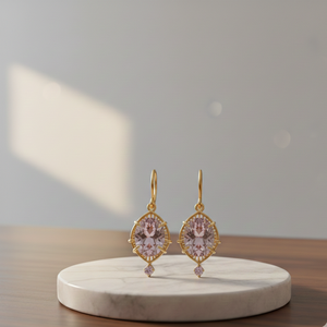 Boucles d'oreilles en argent sterling 925 plaqué or 18 carats – ovales roses hydro 10x12mm avec CZ, bijoux vintage pour femmes et filles, petites boucles pendantes - Product Image 2