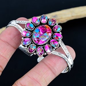 Flower Shape pink Spiny oyster Cuff <b>Bracelet</b> Women's Bohemia Style Antique 925 sterling Silver Plated Natural Stone Jewelry Gift - Product Image 2