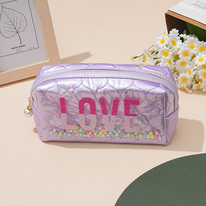 Lovely Purple PU Cosmetic <b>Case</b> With LOVE Letter Design And Beads Zipper Closure Medium Size Portable <b>Makeup</b> Bag - Product Image 1
