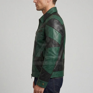Veste Moto Homme en Cuir Véritable Color Block Respirante Écologique Style Streetwear Patchwork Col Zippé Vert – Vente en Gros - Product Image 4