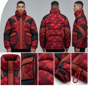 <b>Mens</b> Red Camouflage Puffer <b>Jacket</b> Quilted Winter Coat <b>Black</b> Red Camo Insulated Outdoor Fashion Full Zip Custom <b>Jacket</b> - Product Image 4