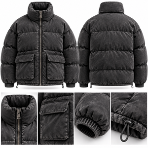 Chaqueta Acolchada Impermeable Unisex Negra con Efecto Ácido, con Cierre, Capucha y Múltiples Bolsillos, para Invierno - Product Image 6