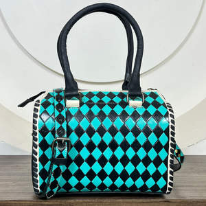 2025 Wholesale Custom Hand Tooled Leather Turquoise Checkered Speedy Duffle Bag Floral Carved Genuine Cowhide Leather for Women - Product Image 5