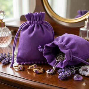 Vente en gros de pochettes d'emballage pour bijoux en coton écologique indien, imprimées avec un logo personnalisé, sac à cordon violet avec logo personnalisé - Product Image 1