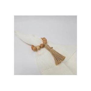 Anneaux de serviette en perles de bois rustiques avec pompon en jute, faits à la main, style moderne, écologiques, décoration de table de mariage. - Product Image 1