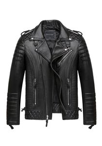 Men's Black Genuine Leather <b>Jacket</b> Stand Collar Moto Biker Style Windproof <b>Zipper</b> Closure <b>Pockets</b> Winter Wear - Product Image 6