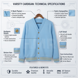 Cardigan en tricot bleu clair HMR Sisterhood Sorority, col en V, manches longues, boutons sur le devant, couleur unie, style classique - Product Image 6