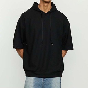 <b>Men's</b> Oversized Black Hooded <b>Short</b> <b>Sleeve</b> Sweatshirt Cotton French Terry Casual Autumn Wear - Product Image 1