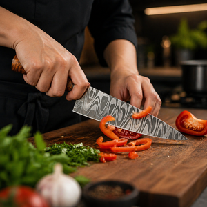 Couteau de chef artisanal avec lame en acier Damas de 8 à 9,9 pouces de longueur, manche en bois ambidextre, fourreau en cuir (style moderne) - Product Image 3