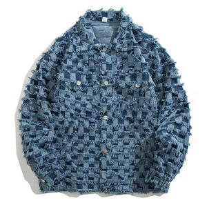High Street Vintage Denim Jacket Men Harajuku Checker Tassel Varsity Coat Spring Casual Windbreaker Chaquetas sueltas Unisex coreano - Product Image 2