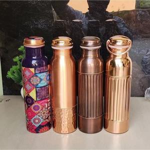 Designer Copper <b>Bottle</b> Collection Assorted Metal <b>Flask</b> Smooth Ribbed Patterned Travel Hydration Gift Selection Premium - Product Image 1