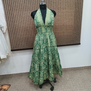 Women's Green Geometric Print Halter Maxi <b>Dress</b> Sleeveless V Neck Tiered African Style Summer Long Gown - Product Image 1