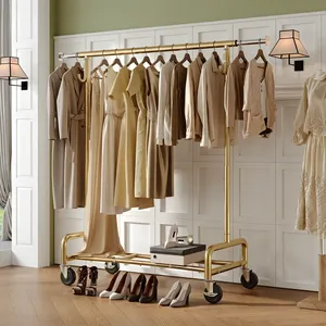 Modern Luxury Gold Clothing Rack with Wheels Portable Dress Organizer for Wardrobe Storage Metal <b>Stand</b> with Hooks and Rail - Product Image 4