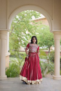 Lehenga Choli Tradicional de Seda Roja con Blusa Bordada, Vestido de Novia Largo y Holgado para Mujer, Estilo India Pakistán - Product Image 5