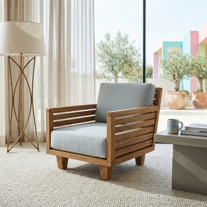 Sofá individual minimalista de madera de teca maciza de primera calidad, sillón individual para sala de estar con cojín gris azul claro. - Product Image 2