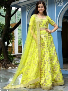 Yellow Floral Embroidered <b>Lehenga</b> Choli with Organza Dupatta Scoop Neck Short Sleeve A-Line Floor-Length Bridesmaid Dress - Product Image 1