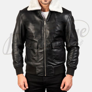 Chaqueta Bomber de Cuero Negra Premium para Hombre con Cuello de Piel Sintética Blanca, Chaqueta de Piloto Cálida para Invierno, Corte Ajustado - Product Image 3