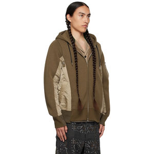 Sudadera con capucha para hombre con media cremallera, personalizada OEM, de mezcla de algodón tipo jersey paneado y sarga de nailon, con bolsillo utilitario y cremallera bidireccional - Product Image 2