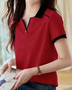Women's Red Breathable Quick Dry for Shirt Short Sleeve Knitted Polyester/Cotton 160g Solid Color Casual Top - Product Image 1