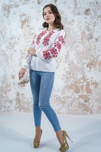 เสื้อเบลาส์ผ้าฝ้ายป๊อปลินปักลายคอวีสีขาวสำหรับผู้หญิง แขนครึ่งตัว ทรงลำลอง ใส่ได้ทุกฤดูกาล - Product Image 2