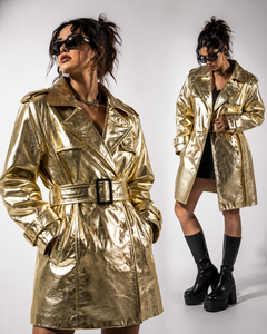 Women’s Oversized Real <b>Leather</b> Trench Coat – Premium Metallic Gold Luxury <b>Leather</b> <b>Jacket</b> with Belt | Custom OEM Manufacturer - Product Image 1
