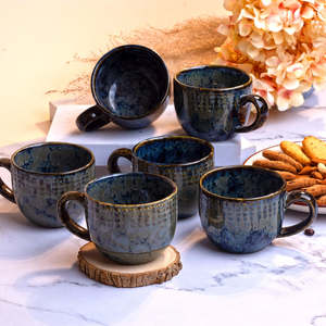 Glossy Blue Ceramic Tea <b>Cup</b> <b>Set</b> of 6 - Product Image 5