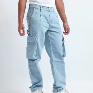 Pantalones Vaqueros Cargo Azul Claro para Hombre, Corte Holgado, Cintura Media, Estilo Casual, Verano, Algodón Lavado, Ligeros - Product Image 6