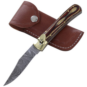 Cuchillo de bolsillo plegable de acero de Damasco hecho a mano con mango de madera y funda de cuero, cuchillos de supervivencia al por mayor, Pasha Enterprises - Product Image 1