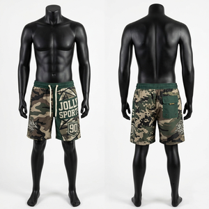 Shorts de bain pour homme en polyester mesh premium 140 GSM, design camouflage vert, séchage rapide, logo personnalisé imprimé. - Product Image 6