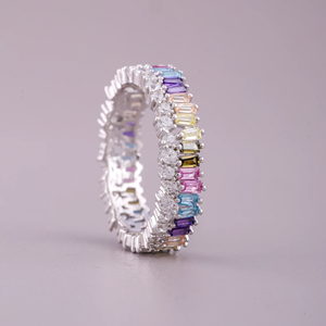 Women's <b>925</b> <b>Silver</b> Eternity Band <b>Ring</b> with Baguette Cut Multicolor Gemstones and Pave Diamond Setting Hiphop Wedding Gift - Product Image 2