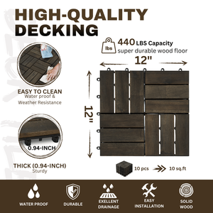 Baldosas de Madera de Acacia para Terraza, Diseño a Cuadros, 10 Piezas, 12 x 12 Pulgadas, Color Marrón Oscuro, Madera Dura para Pisos Exteriores - Product Image 3