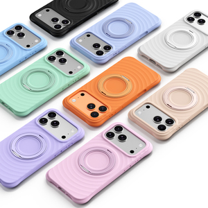 Newest Korean Style Wave Pattern Liquid Silicone Shockproof Mobile Phone Cases for 14 15 16 17 Pro Max Magnetic Bracket - Product Image 1
