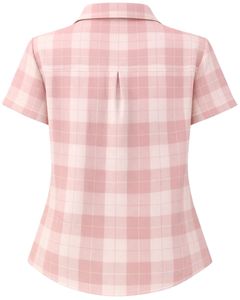 Custom Blush Pink And Plaid Womens Short Sleeve Button Up Shirt Casual Summer Lightweight Breathable Checkered Top With Pocket - Product Image 3
