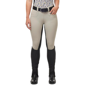 Pantalon d'équitation taille haute pour femme, gris, avec empiècements noirs et poches, en tissu tricoté extensible quadridirectionnel - Product Image 1