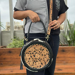 2025 Custom Logo Luxury Hand Tooled Leather Women's Round Bag Crossbody Purse <b>Large</b> Capacity with Hair on Hide Gift & Dust Bag - Product Image 4