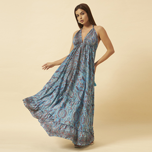 Vestido Maxi Halter Azul con Estampado Paisley para Mujer, Estilo Bohemio, Corte Regular, Verano, Playa, Resort, Sin Mangas, Chifón, Corte Imperio, Transpirable, Casual - Product Image 1