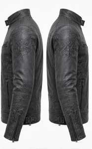 Blouson en cuir gaufré pour homme, style motard, col montant, fermeture éclair, coupe ajustée, style automne - Product Image 2