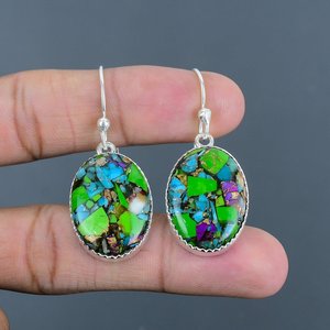 Boucles d'oreilles artisanales en turquoise verte, argent sterling 925, cuivre, pierres précieuses, bijoux uniques, élégants et tendance - Product Image 1