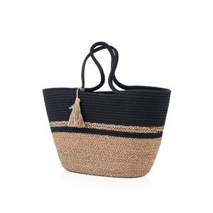 Bolso de mano hecho a mano de algas marinas y algodón, listo para enviar, el más vendido, bicolor negro y natural, con borla, ecológico, para la playa. - Product Image 2