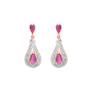 Pendientes de Oro Amarillo de 14k al por Mayor con Rubí Natural en Forma de Pera y Halo de Diamantes, Joyas Memoria - Product Image 2