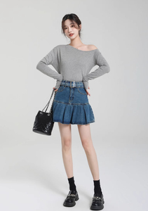 Jupe courte décontractée pour femme, style cargo classique, en denim semi-extensible délavé à l'acide, avec fermeture éclair avant et boutons, tendance 2026 - Product Image 5