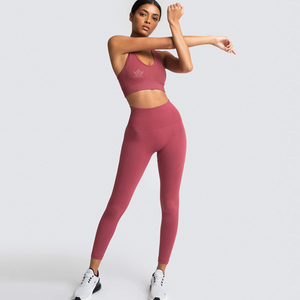 Women's <b>Pink</b> Seamless Breathable Spandex/Nylon Yoga Set High Waist Full Length Leggings Sports Bra Racerback Scoop Neck Two - Product Image 1