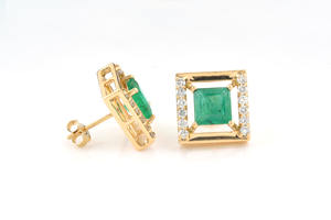 Natural 6x6mm Square Cut <b>Emerald</b> <b>Earrings</b> With 1.5mm White Diamond Halo <b>Stud</b> In 18k Solid Yellow Gold Wedding Wholesale Jewelry - Product Image 2