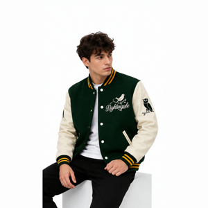 Veste universitaire Nightingale verte avec manches crème, logo oiseau brodé, style preppy, pour l'automne, coupe classique pour homme, fermeture boutonnée - Product Image 4