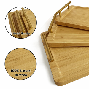 Bamboo Serving Tray with Metal Handle Eco-Friendly Wood Plate Dish for Coffee Tea Dessert <b>Breakfast</b> Parties-Polished Laser Logo - Product Image 4